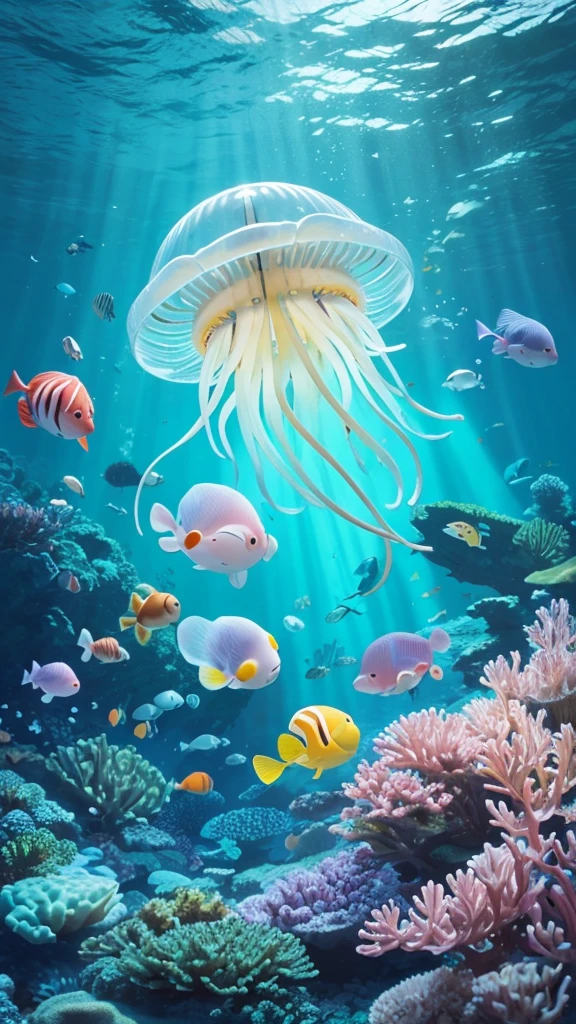 Create an original "yuru-chara" mascot character inspired by sea creatures. The character should be a small, round jellyfish with translucent, pastel-colored tentacles. It has big, expressive eyes and a cute, puckered mouth. The jellyfish wears a tiny sailor hat, giving it a playful and adventurous look. The character's overall appearance is cute and friendly, making it perfect for an aquarium or marine-themed park mascot. The background should be a simple, underwater scene.