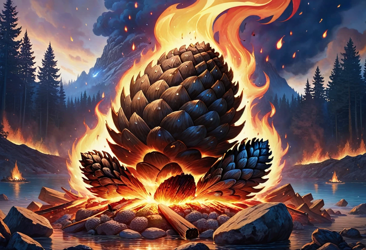 Flames danced around a pile of wood and stones, Embers floating in the air, Hellfire Background, Burning battlefield background, Embers flying, campfire background, Background artwork, Fire!! Surrealism, Fire和爆炸, Hell Background, Flame particles, Flame particles in front, Photo of underwater bonfire, flame stones are scattered, Big fire on the background,pinecone,((hazelnut))ardendo em chamas,Red and blue flames interlaced