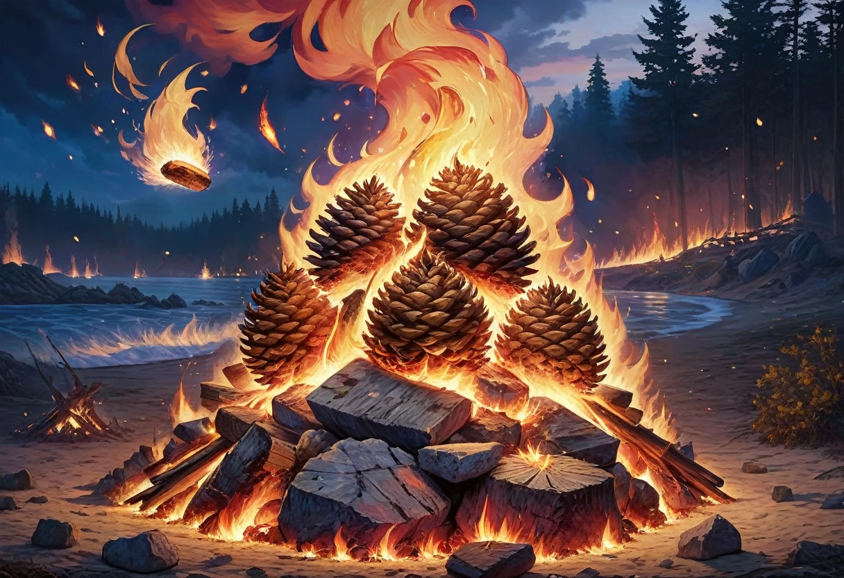 Flames danced around a pile of wood and stones, Embers floating in the air, Hellfire Background, Burning battlefield background, Embers flying, campfire background, Background artwork, Fire!! Surrealism, Fire和爆炸, Hell Background, Flame particles, Flame particles in front, Photo of underwater bonfire, flame stones are scattered, Big fire on the background，pinecone，((hazelnut))ardendo em chamas，Red and blue flames interlaced
