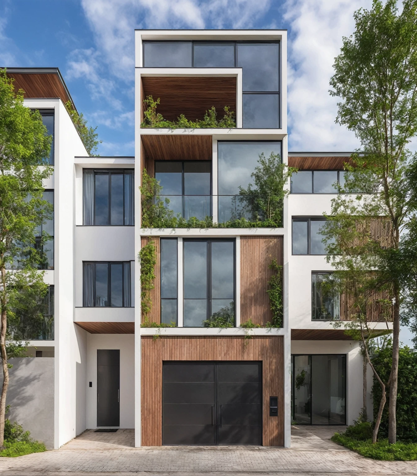 Masterpiece, high quality, best quality, authentic, super detail, outdoors, house style modern, bietthuhn, white wall, glass windows, gate road, pavement, grass, trees, Beautiful_sky, SUNSET, (day:1.1), realistic lighting