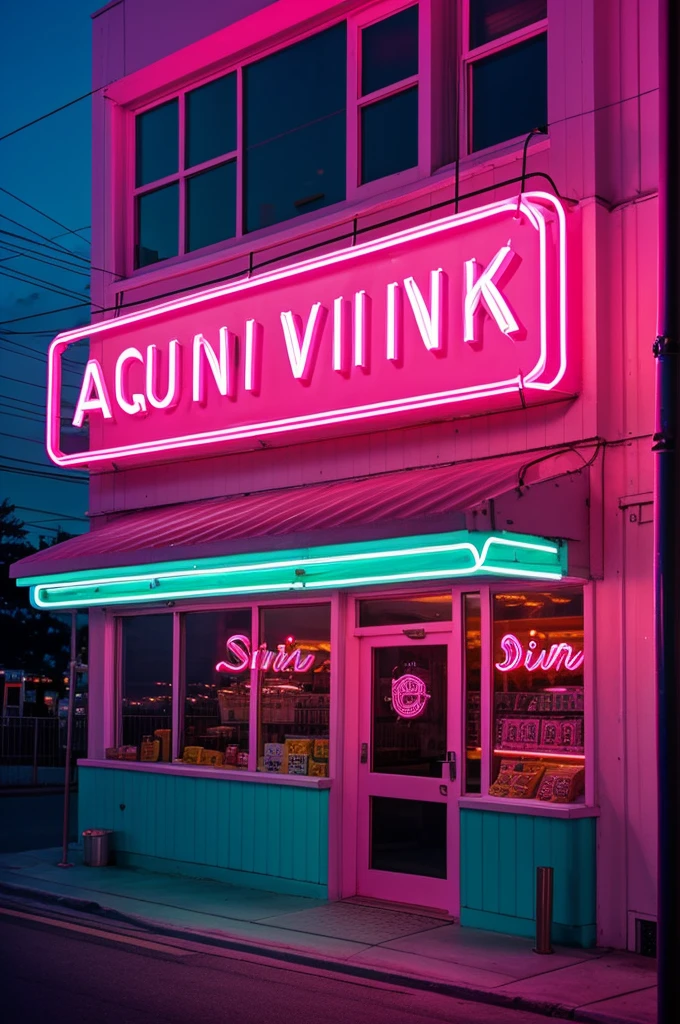 Pink neon sign that says "Snackinn Diner" with aqua light lines