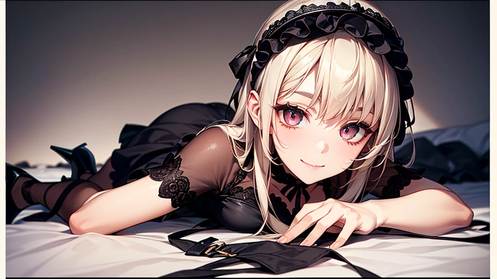 ((Biologically correct limb count))、((whole body including face))、4K、Masterpiece、((Focus on the face))、((Symmetrical, well-proportioned facial features))、Eyes with delicate depictions、(((1 person)))、Beautiful woman、Outstanding style、Slender Body、((Headband、Gothic Lolita、Red Dress、(High heels)))、(smile)、(Close-up photo of the upper body)、High angle、Look Up、Photo with white border、lie down、Prone、looking at the camera、Stretching one's legs out towards the camera、Sexy pose
