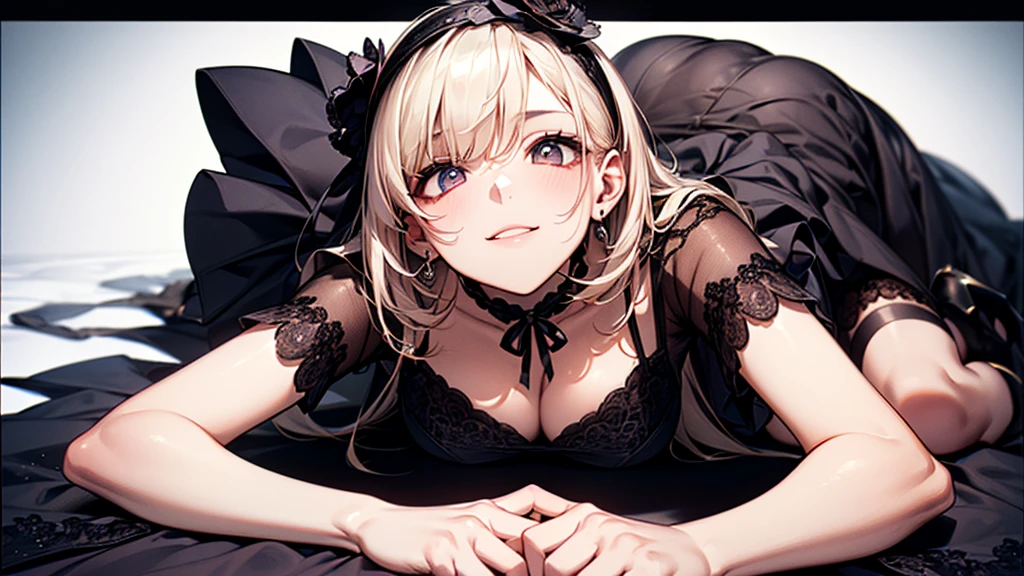 ((Biologically correct limb count))、((whole body including face))、4K、Masterpiece、((Focus on the face))、((Symmetrical, well-proportioned facial features))、Eyes with delicate depictions、(((1 person)))、Beautiful woman、Outstanding style、Slender Body、((Headband、Gothic ta、Red Dress、(High heels)))、(smile)、(Close-up photo of the upper body)、High angle、Look Up、Photo with white border、lie down、Prone、looking at the camera、Stretching one's legs out towards the camera、Sexy pose