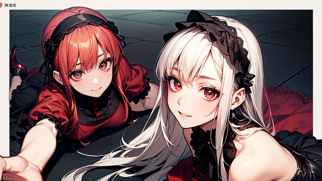 ((Biologically correct limb count))、((whole body including face))、4K、Masterpiece、((Focus on the face))、((Symmetrical, well-proportioned facial features))、Eyes with delicate depictions、(((1 person)))、Beautiful woman、Outstanding style、Slender Body、((Headband、Gothic Lolita、Red Dress、(High heels)))、(smile）、(Close-up photo of the upper body）、High angle、Look Up、Photo with white border、lie down、Prone、looking at the camera、Stretching one&#39;s legs out towards the camera、Sexy pose