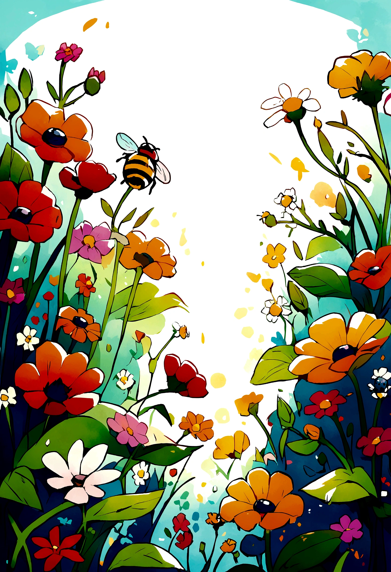 Cartoon illustration of bee and ladybug pollinating flowers)