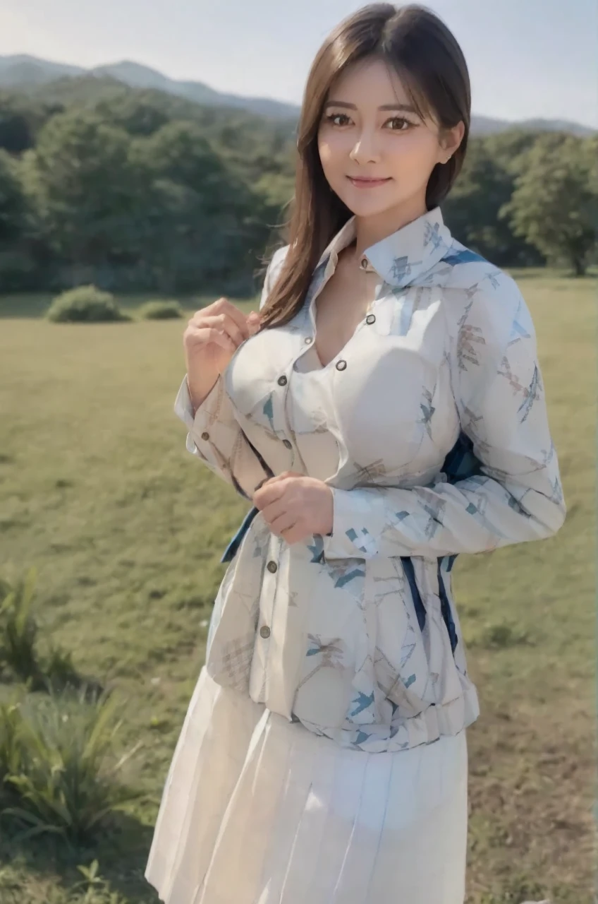 marian rivera,((White collar shirt、Light blue plaid pleated skirt:1.4)、foot, enchanting smile, closed clothes, polite attire, The face of beauty , Because I&#39;m slender , abs:1.4, 30 years old, ((1 girl, alone)), ((full body)), ((huge breasts:1.3)), Breastfeeding A. to, (K, Raw photo, highest quality, Masterpiece 11.4), (realistic, photo-realistic:1.37), (micro:1.4), exposed , ((diamond necKlace)), earrings, glamorous, white sKin, ((in a luxurious hall), looK at viewers, thick brunette hair, long hair, (lit), dynamic pose, (), ((beautiful eyes), erotic, HDR, very detailed, ambient occlusion, nature, harmonious composition, fine art photography, beauty , excellent anatomy, exposed detail