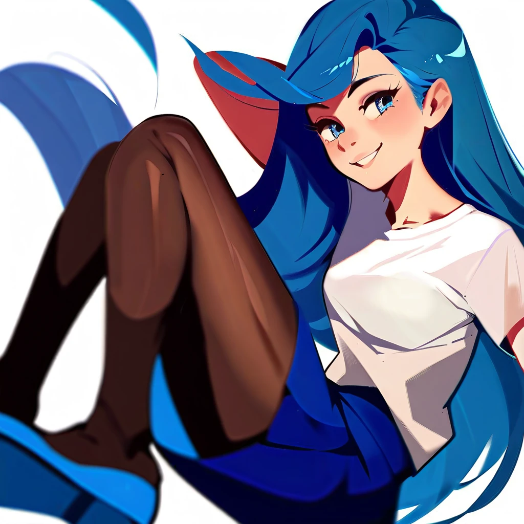 Girl, blue hair, long hair, smiling, white t-shirt, blue skirt, blue eyes, pantyhose, white background