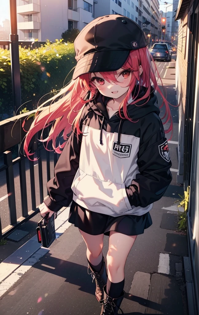 Shana,灼眼のShana,Long Hair, Redhead, Red eyes,happy smile, smile, Open your mouth,Baseball cap,Oversized black hoodie,Black long skirt,short boots,evening,Sunset,The sun is setting,walking,whole bodyがイラストに入るように, break outdoors, construction area, break looking at viewer, whole body, break (masterpiece:1.2), Highest quality, High resolution, unity 8k wallpaper, (shape:0.8), (Beautiful attention to detail:1.6), Highly detailed face, Perfect lighting, Highly detailed CG, (Perfect hands, Perfect Anatomy),