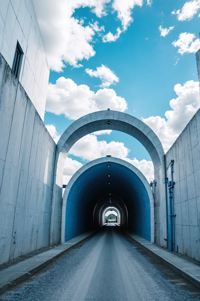blue tone tunnel
And the mouth of the tunnel is white light. There is a picture in front of the sky and white clouds (bright weather).