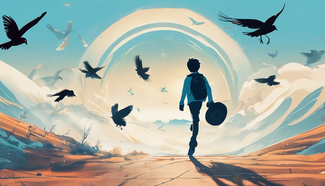 Create a professional, fantastic, cinematic Youtube Banner for a brand about music and stories called " Penamemoria". Masterpiece, 4k, sharp focus, highest quality,wide shot. The title is " Penamemoria". Is a brand about the creative, unique journey of a boy into becoming a musician storyteller. In his journey he finds inspiration in a world of birds and feathers. Minimalistic, simple, poetic, dreamy logotype at the center of the image. The Background image is a world full of fantastic feathers, unique birds, light blue sky, and a boy running happily into the horizon with an acoustic guitar in his right hand. Boy running against the wind, almost simulating like he is flying