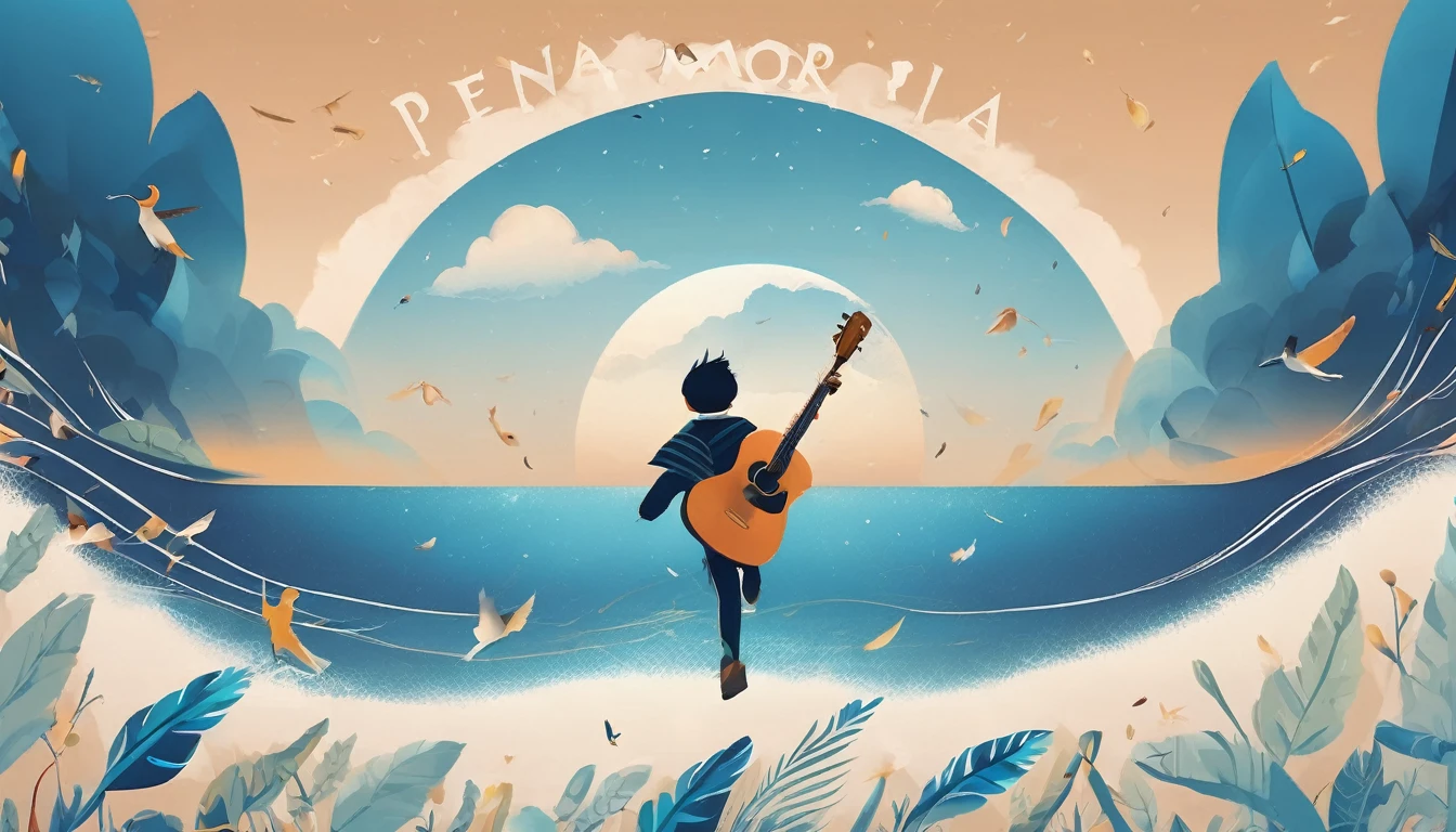 Create a professional, fantastic, cinematic Youtube Banner for a brand about music and stories called " Penamemoria". Masterpiece, 4k, sharp focus, highest quality,wide shot. The title is " Penamemoria". Is a brand about the creative, unique journey of a boy into becoming a musician storyteller. In his journey he finds inspiration in a world of birds and feathers. Minimalistic, simple, poetic, dreamy logotype at the center of the image. The Background image is a world full of fantastic feathers, unique birds, light blue sky, and a boy running happily into the horizon with an acoustic guitar in his right hand. Boy running against the wind, almost simulating like he is flying