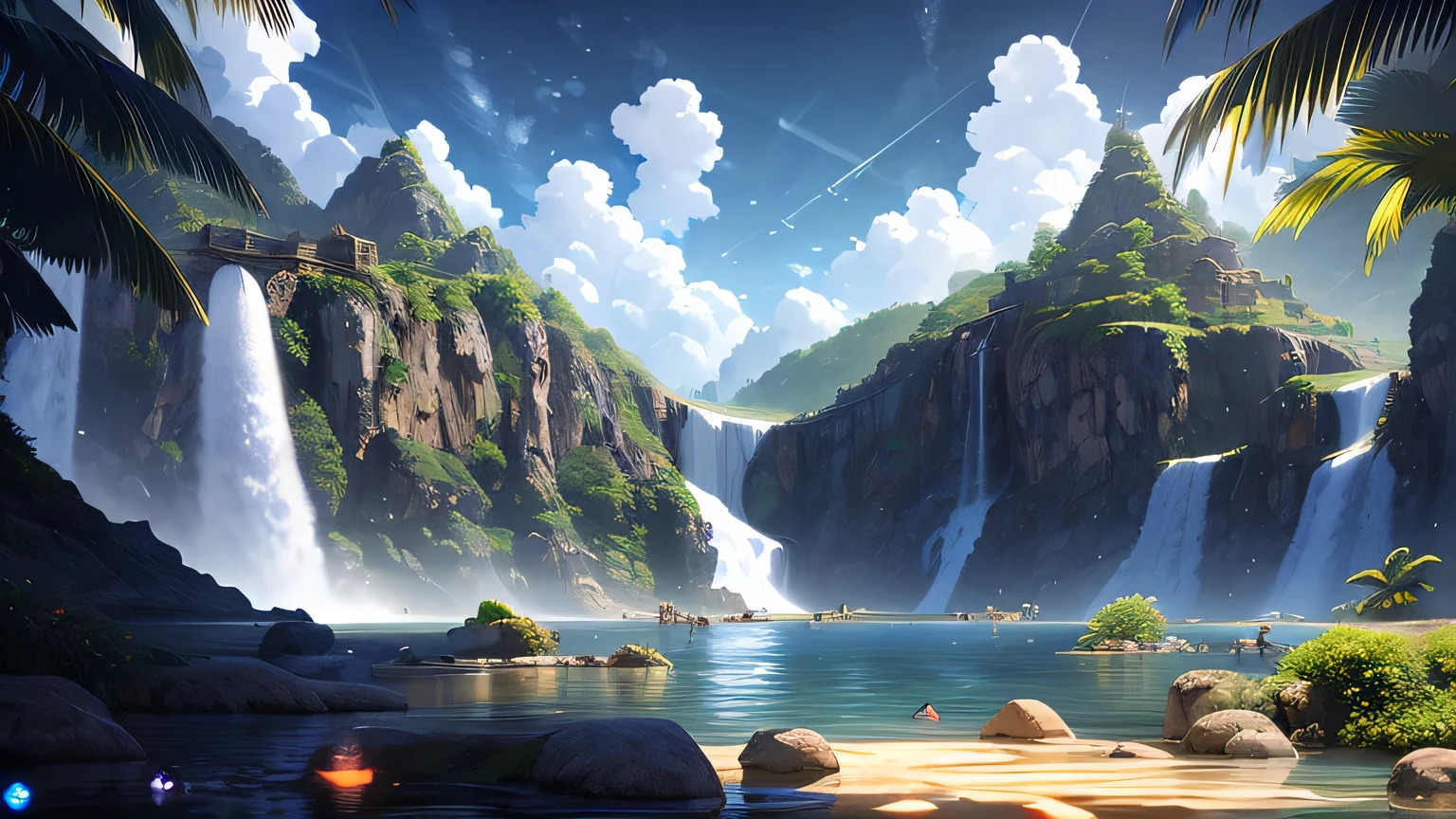 masterpiece, best quality, high quality, extremely detailed CG unity 8k wallpaper, a hyperrealistic colossal waterfall, in a futuristic prehistoric village, splashing water, lens flares, sunshaft, fluffy clouds, HDR, Photorealistic, hyperdetailed, cool color palette, mysterious