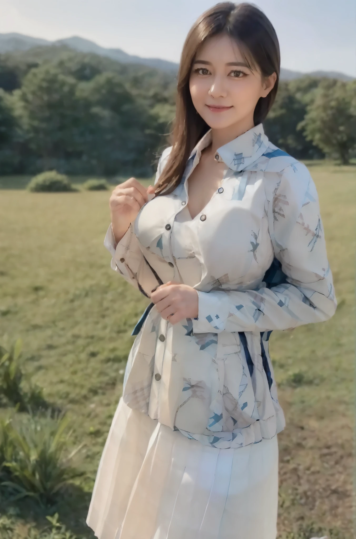 marian rivera,((White collar shirt、Light blue plaid pleated skirt:1.4)、foot, enchanting smile, closed clothes, polite attire, The face of beauty , Because I'm slender , abs:1.4, 30 years old, ((1 girl, alone)), ((full body)), ((huge breasts:1.3)),  A. to, (K, Raw photo, highest quality, Masterpiece 11.4), (realistic, photo-realistic:1.37), (micro:1.4),  , ((diamond necKlace)), earrings, glamorous, white sKin, ((in a luxurious hall), looK at viewers, thick brunette hair, long hair, (lit), dynamic pose, (), ((beautiful eyes), , HDR, very detailed, ambient occlusion, nature, harmonious composition, fine art photography, beauty , excellent ,  detail