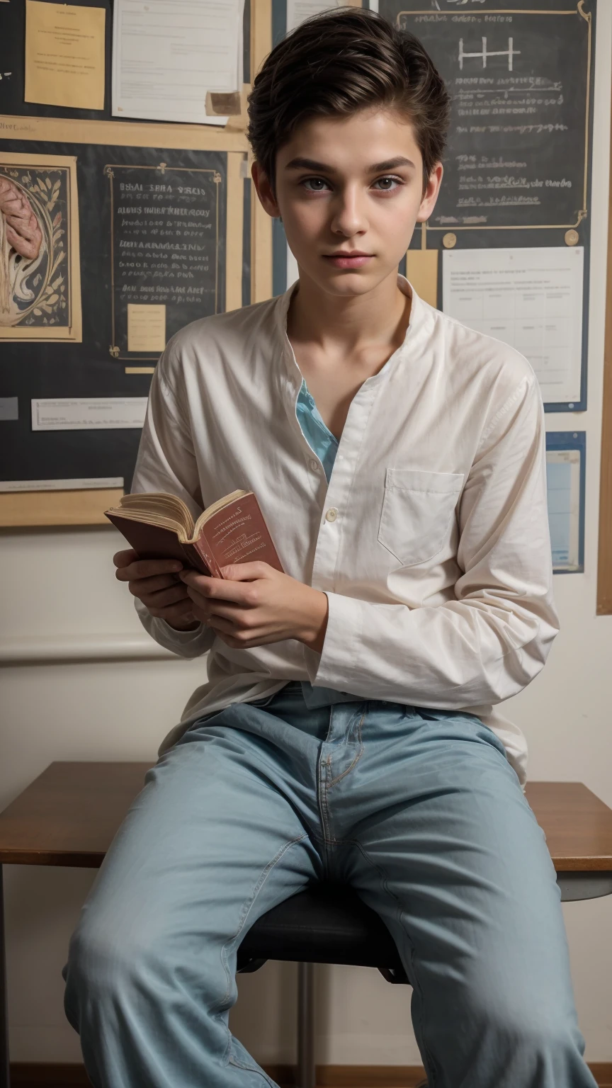 A young male twink, cute, beautiful, feminine, with a beautiful face with makeup, black hair, and his eyes have dark circles under them. He is wearing a long-sleeved aquamarine shirt and white jeans. He is in the College of Medicine, studying on the blackboard with brain anatomy written on it. He is sitting at a desk with scientific books on it. Medical and brain anatomy manuscripts