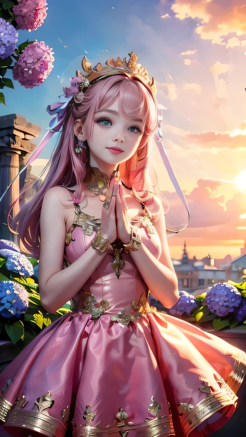 ((Highest quality)), ((masterpiece)), (detailed), High Resolution,One girl, Pink Hair, Perfect Eyes, Goddess of Athena, I'm praying, Hands together, (Be confident:1.2),, Facing forward, Hydrangea on background, smile, Pink Dress, 

