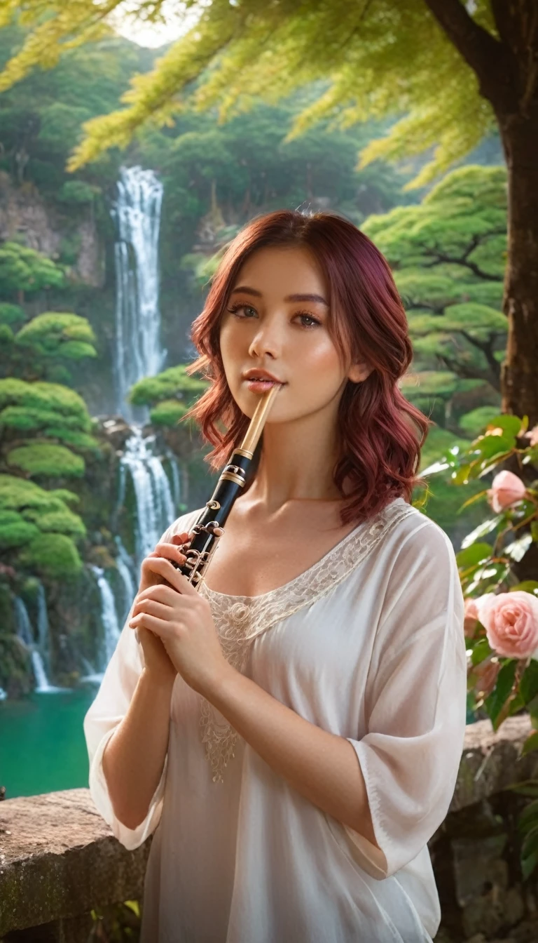 A girl playing the flute, mahogany-colored hair , medium length hair, wavy hair, no bangs, green eyes. Shirt , a beautiful girl, detailed eyes, detailed face, detailed hands, looking at the viewer, , ancient house lit up with lights, large cherry tree, flowing waterfall, quiet morning atmosphere, soft focus, warm light, elegant rose petals, Japanese Zen garden, majestic beautiful blue lake in the background, peaceful mountains, mysterious mist, warm color effect, delicate bokeh effect, shallow DOF, Takashi Hiroaki's style, Japanese ink painting, high contrast, cinematic, surreal, 8k, detailed texture, vibrant colors, intricate details, meditative atmosphere