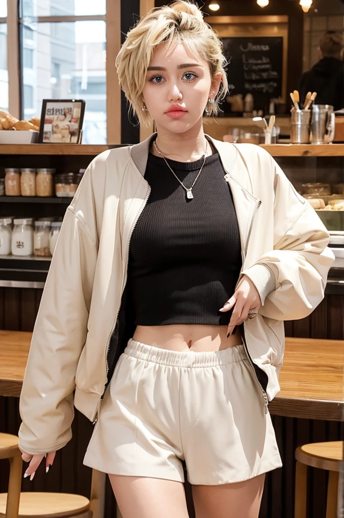 Miley Cyrus, beautiful, wearing a style jacket and shorts, posing beautifully in a cafe