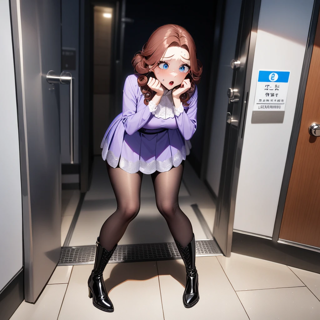 A high-quality image of a stunning woman standing in front of a locked girl's washroom door, doing a pee dance with her knees bent and her hands pressed against her crotch. She is dressed in a stylish lavender blouse with a high collar, a silver sequin mini skirt, and opaque grey tights with delicate white lace patterns. Her knee-high black boots complete the sophisticated look. She has curly auburn hair, striking blue eyes, and full red lips. She looks desperate and flustered, with sweat forming on her forehead and her eyes darting around for help. The setting is a brightly lit corridor with a 'Ladies' restroom sign on the door. Best quality