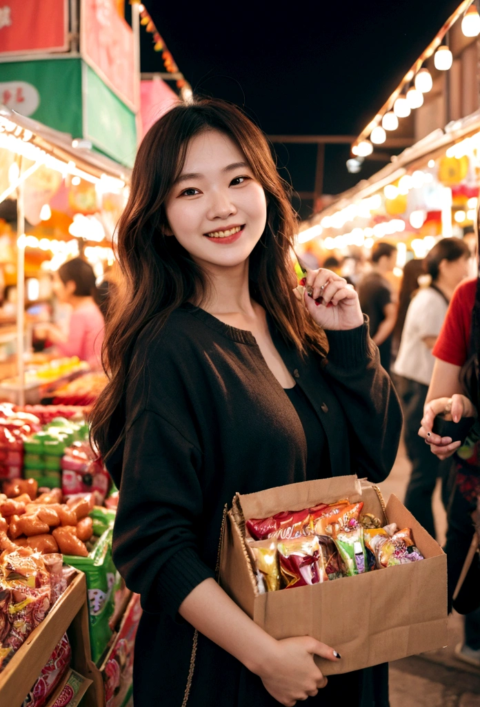 Bustling night market. The woman was wearing casual clothing, Bring snacks, Her face was full of joy and satisfaction..