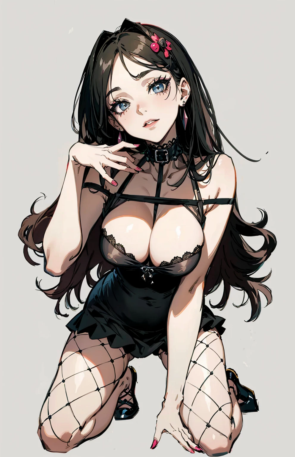 (best quality,masterpiece:1.2,detailed details,4K),((masterpiece)), ((best quality)), (ultra-detailed),, anime style,large breast, slim, slender, ashamed, all fours ,Kneeling,Girl with modern gothic makeup, fair skin, long legs, black eyeshadow, Camisole, plump figure, earrings and lip studs, fishnet stockings, posing in an attractive pose, lovable expression