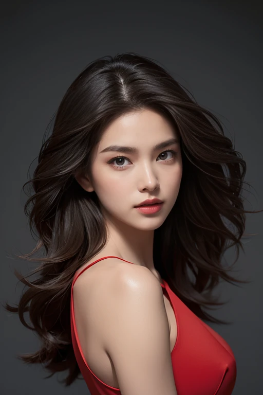 highest quality、4K、Perfect Face、Perfect Style、perfect body、Sunburn、beautiful lady、mature、long curly layer brown hair、Swept-back hair、full body,  、charming、healthy、of the highest quality、8K、red dress, windy hair,
Abstract shapes, deep grayscale tones, polygon fragments, geometric patterns, low-light monochrome background, polygonal shadows, composition of straight lines and sharp angles, facet of modern art, deep textured base for digital art, minimalist style, dynamic contrast of light and shadow, contemporary graphic design, background for visual concepts, upscale matte finish, meticulous attention to detail