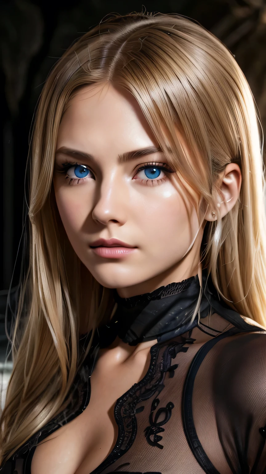 (8K, RAW Photos), 超High resolution, (Realistic, photo-Realistic), 1 Girl, emotionless, alone, Blonde long wavy hair, black eye, Professional Lighting, Detailed lighting, Backlight, Written boundary depth, Natural light, Sharp focus, Professional photography, Beautiful Eyes, Realistic eyes, Detailed Shadows, CG games, Cosplay, (Black leotard with white lines), exterior, Crown, masterpiece, 最high quality, high quality, High resolution、((Upper body portrait)))、The line of sight is this、sexy、In a dark cave