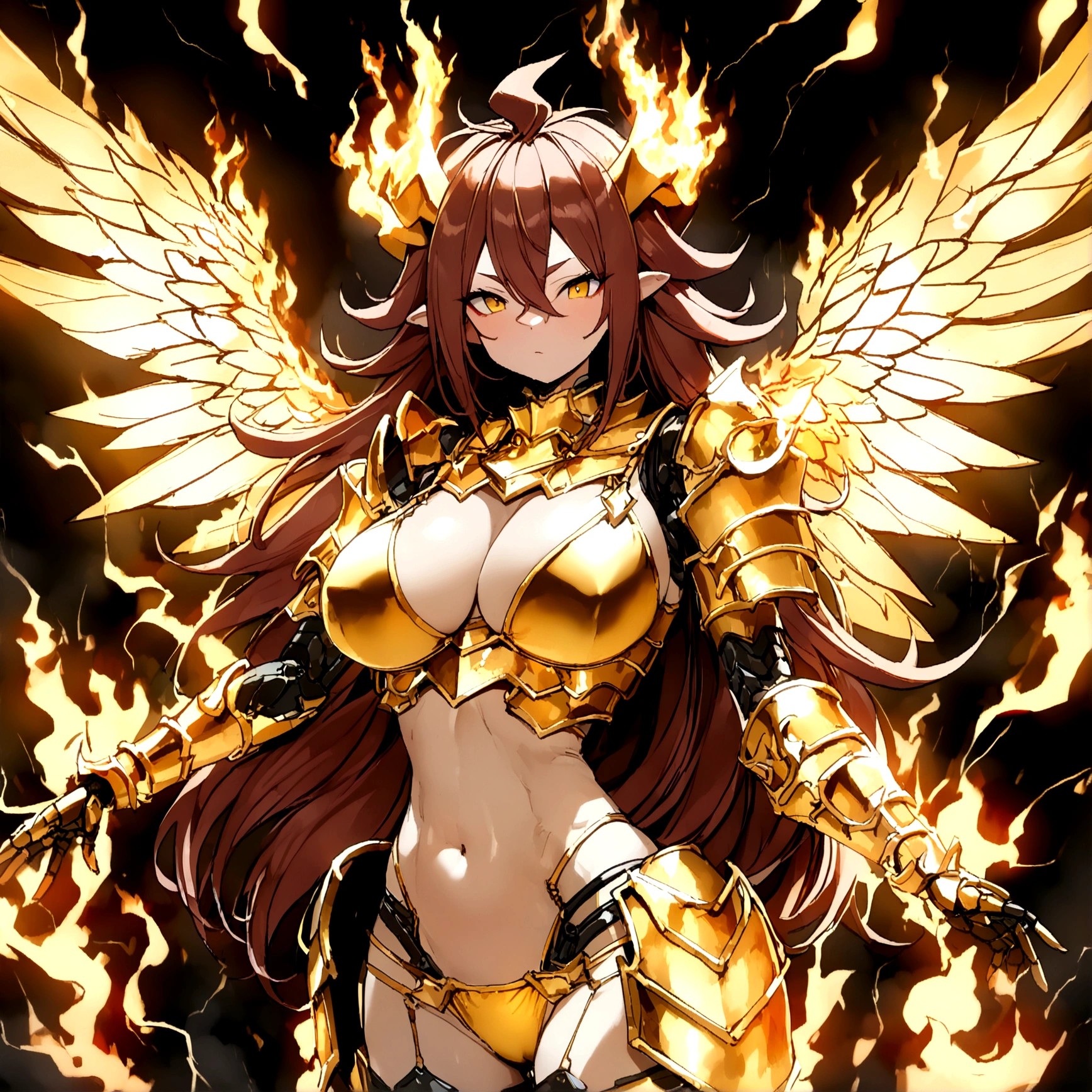 ((Lightning Power)), ((Electricity)), ((Fire Background)), ((Lightning Storm)), ((Power Erupting)), (((((android 21))))), ((((Gigantic Star Rasengan)))), (((Evil Power))), (((white Coat))), (((Busty))), (((((Big breast:1,3)))), luxury bustier corset, (((silver hair))), (((Very slim waist))), propotional body, ((Gorgeous)), (((Fire Blazing Horns))), ((((gold wings))), masterpiece, hyperdetail, ambient effect, digital effect, (((Fire Gold Bikini Armor))), (((Lightning Gold Wings)))