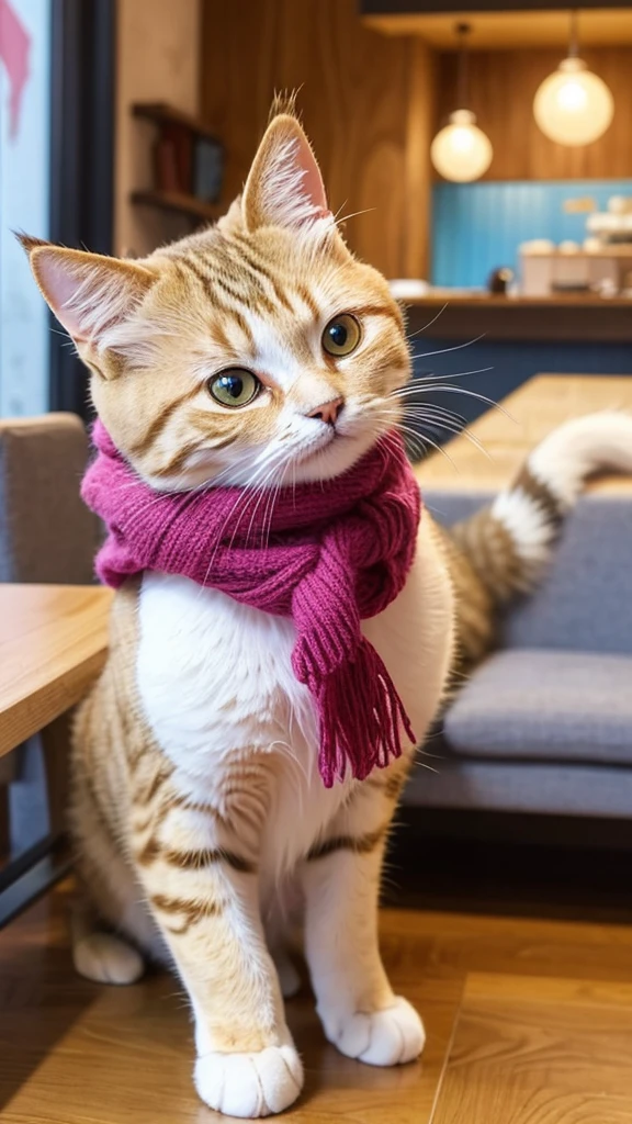 Create an original "yuru-chara" mascot character inspired by a cute cat. The character should be a small, round cat with big, expressive eyes and a tiny, heart-shaped nose. It has soft, fluffy fur and a gentle smile. The cat is wearing a small, colorful scarf and has a little fish toy in one paw. The character exudes a calm and friendly personality, making it perfect for a cat café or animal shelter. The background should be a simple indoor setting with cozy furniture.