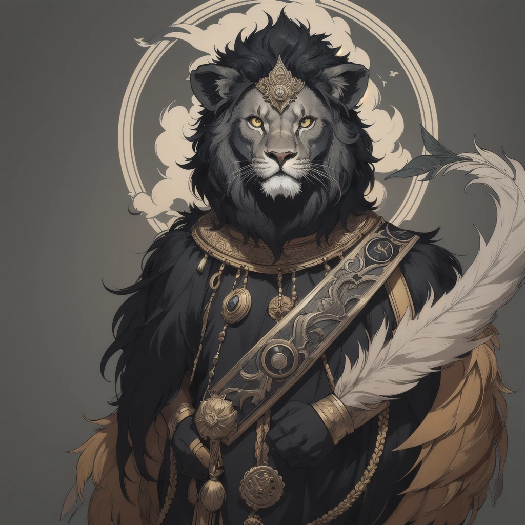 mictecacihuatl lion god of death black and grey vector style , highly detailed lion as face with feather headdress