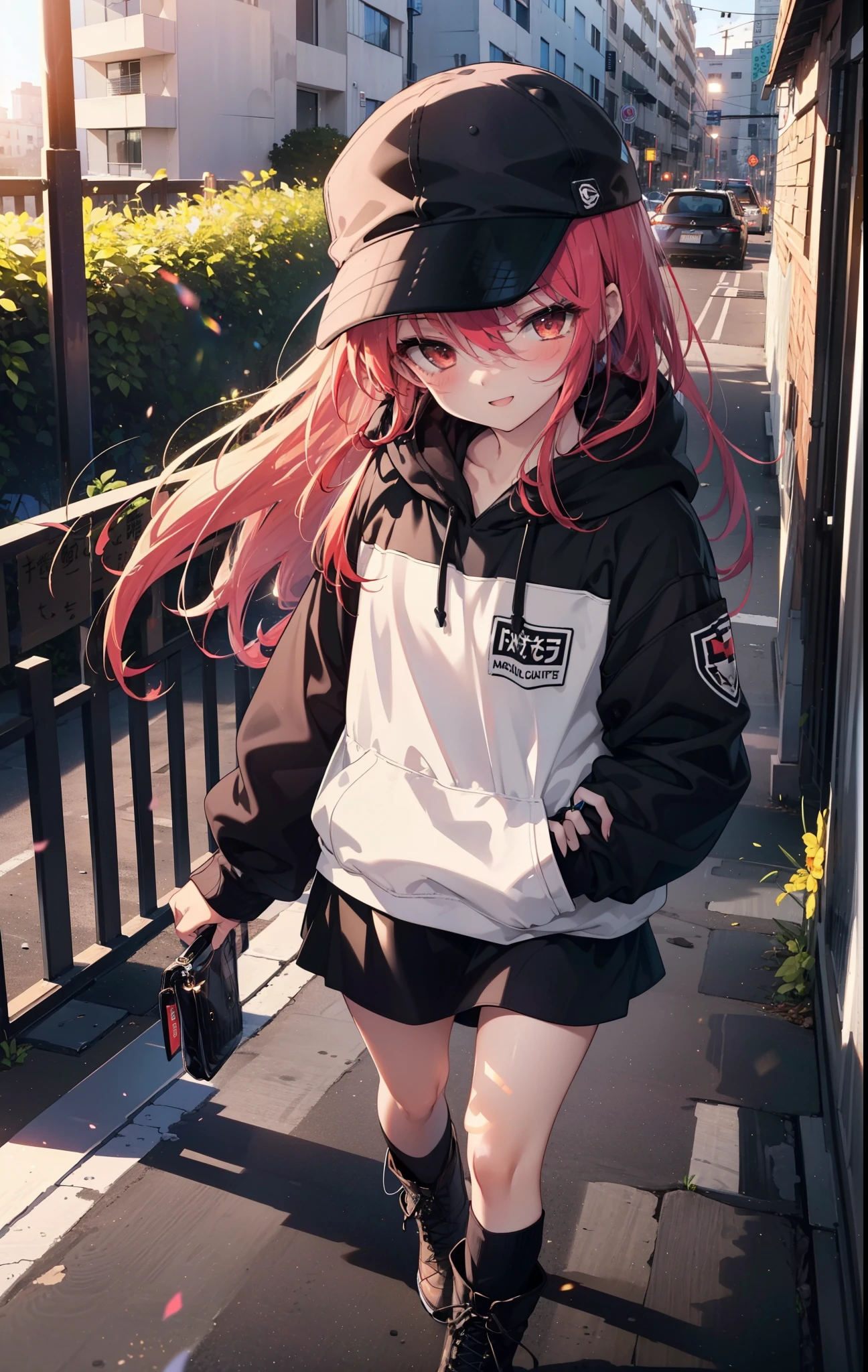 Shana,灼眼のShana,Long Hair, Redhead, Red eyes,happy smile, smile, Open your mouth,Baseball cap,Oversized black hoodie,Black long skirt,short boots,evening,Sunset,The sun is setting,walking,whole bodyがイラストに入るように, break outdoors, construction area, break looking at viewer, whole body, break (masterpiece:1.2), Highest quality, High resolution, unity 8k wallpaper, (shape:0.8), (Beautiful attention to detail:1.6), Highly detailed face, Perfect lighting, Highly detailed CG, (Perfect hands, Perfect Anatomy),