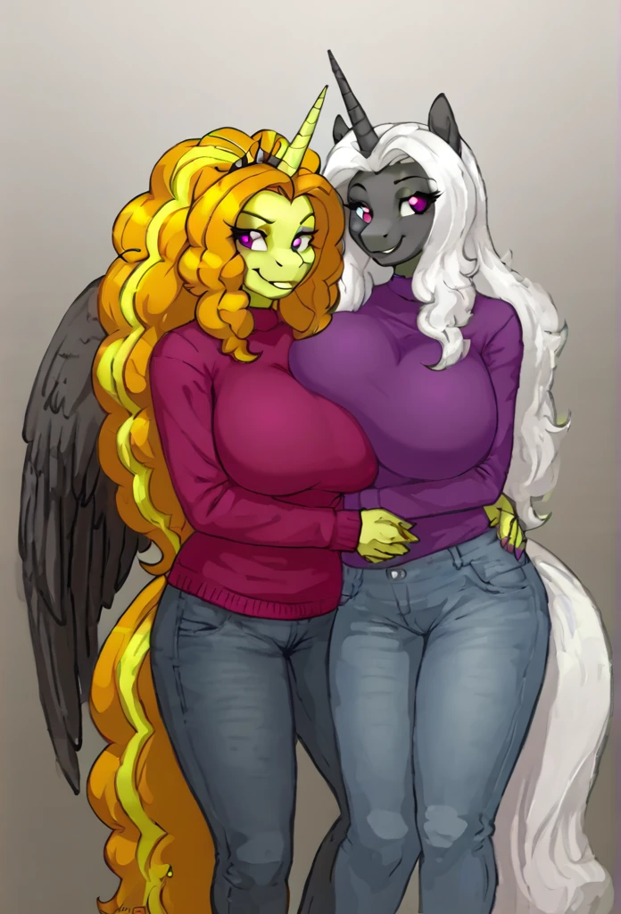 Alicorn princess female and Adagio Dazzle , white mane, ,black body color long flowing mane pink eyes anthro huge breasts , jeans,sweater
lesbians ,perfect body shape hugging from behing looking at viewer ,smiling at camera