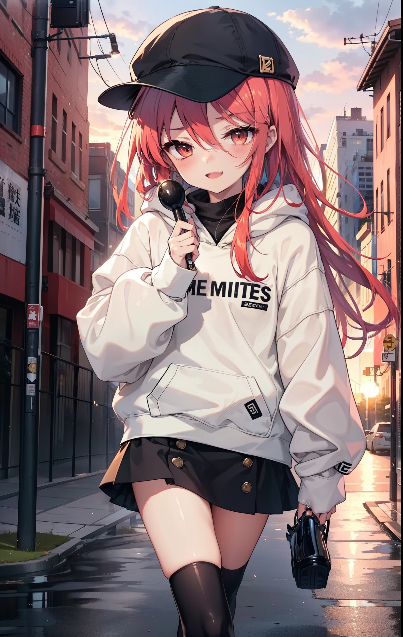 Shana,灼眼のShana,Long Hair, Redhead, Red eyes,happy smile, smile, Open your mouth,Baseball cap,Oversized black hoodie,Black long skirt,short boots,evening,Sunset,The sun is setting,walking,whole bodyがイラストに入るように, break outdoors, construction area, break looking at viewer, whole body, break (masterpiece:1.2), Highest quality, High resolution, unity 8k wallpaper, (shape:0.8), (Beautiful attention to detail:1.6), Highly detailed face, Perfect lighting, Highly detailed CG, (Perfect hands, Perfect Anatomy),