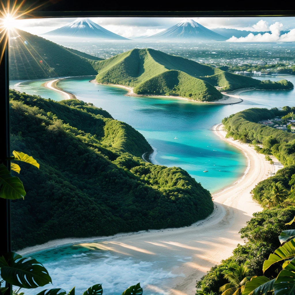 A photorealistic Fuji X-T5 photography, glitching digital screen, birds-eye view of a tropical paradise in the sun, summer fever dream, sun beams, lens flares, the weather is very dark, cloudy, rainy and foggy, with