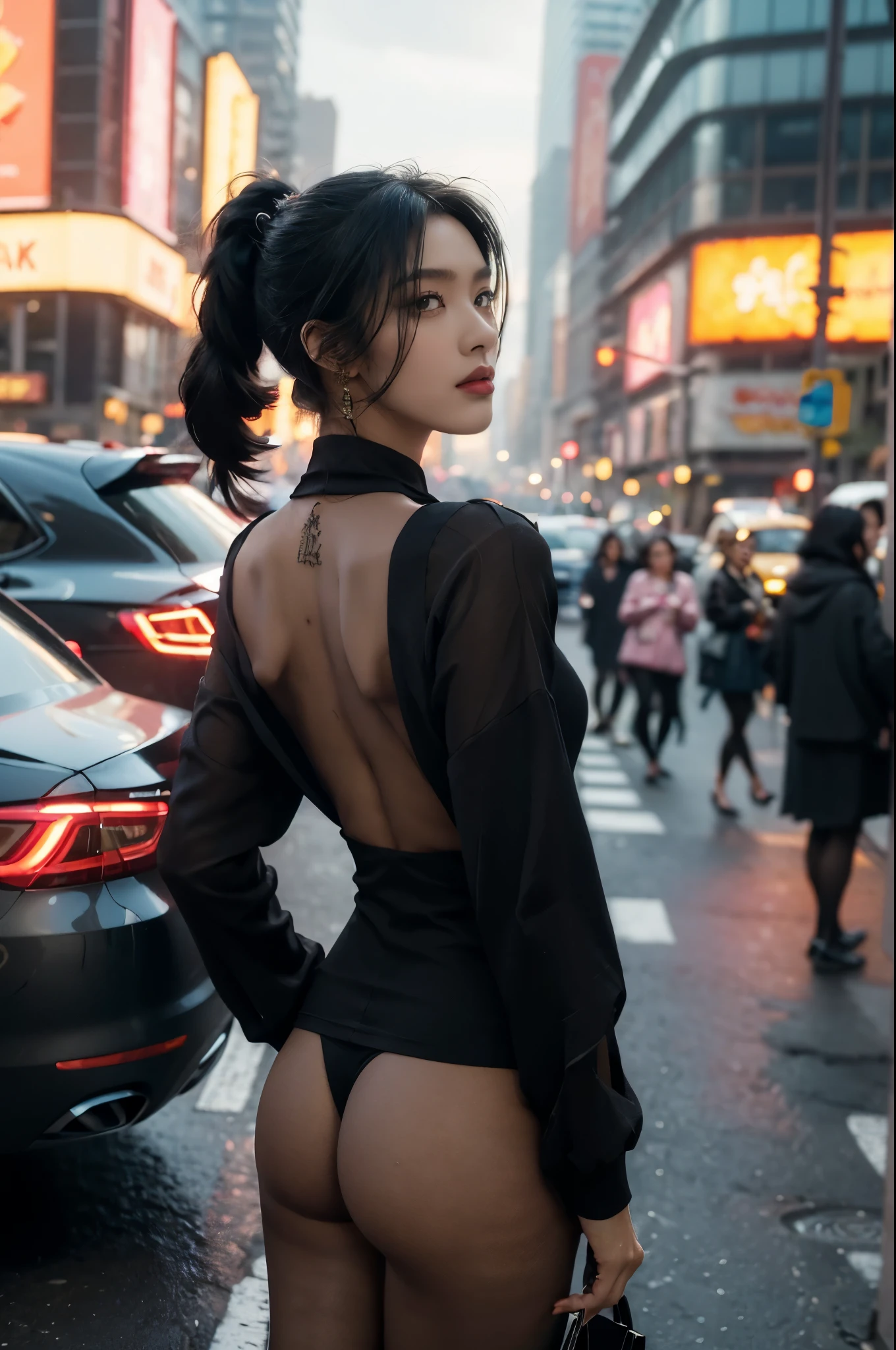 (((best quality))),(((ultra detailed))),(((masterpiece))),illustration,1girl,slim,vibrant rose-pink cotton dress,short ponytail,pantyhose,standing, bustling city streets, honking cars,surrounded by crowded crowds, colorful advertisements,enjoying sights and sounds,(dark black skin:1.5),day scene,upper body,from front,bare back,towering hips,butt crack