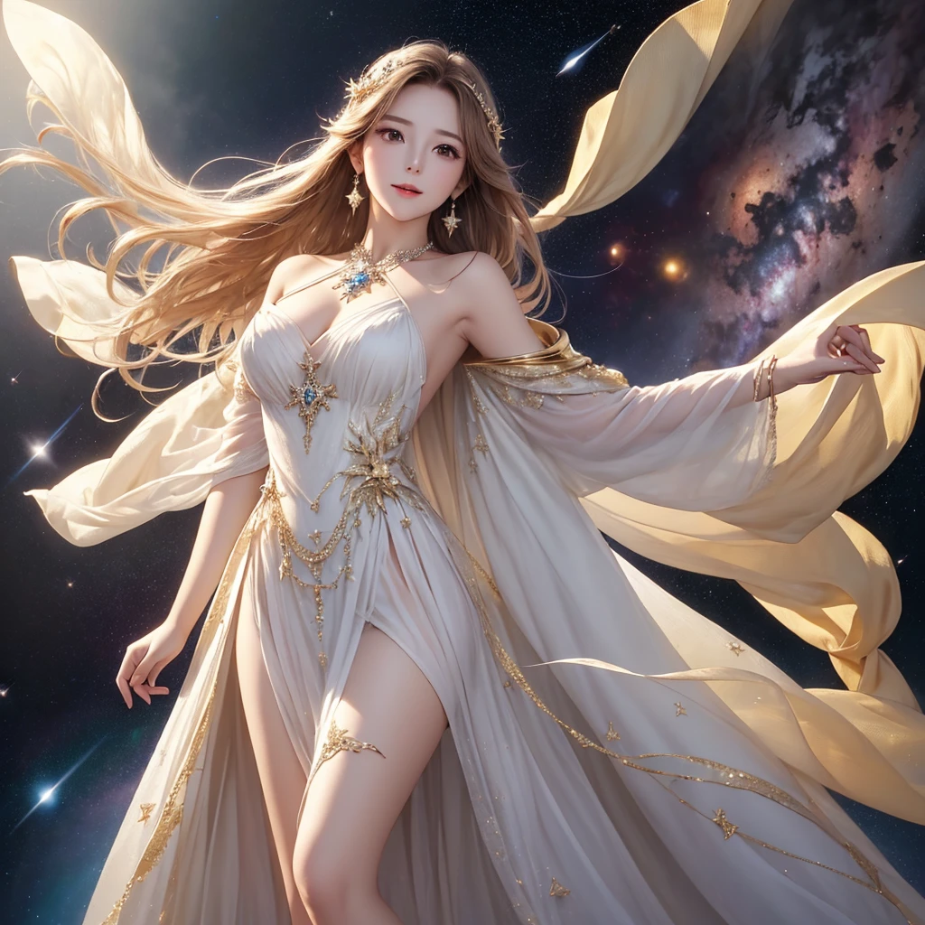 (masterpiece、Highest quality、High resolution、8K、16K)、((Alone in space、Beautiful Goddess、Standing posture、フローティング in the sky like a star))、((whole body))、Golden Cape、White long dress、No sleeve、Adorned with vibrant jewels、Gold Bracelet、Blonde middle、Beautiful brown eyes、A kind smile、Mouth closed、Elegant and detailed face、Graceful operation、Place one hand under your chest、Professional Lighting、The universe is full of light、Countless stars and nebulae、