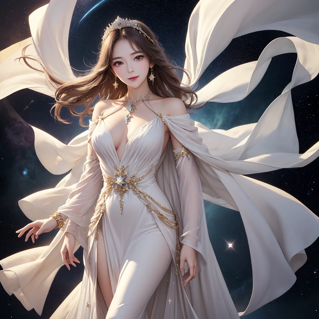 (masterpiece、Highest quality、High resolution、8K、16K)、((Alone in space、Beautiful Goddess、Standing posture、フローティング in the sky like a star))、((whole body))、Golden Cape、White long dress、No sleeve、Adorned with vibrant jewels、Gold Bracelet、Blonde middle、Beautiful brown eyes、A kind smile、Mouth closed、Elegant and detailed face、Graceful operation、Place one hand under your chest、Professional Lighting、The universe is full of light、Countless stars and nebulae、