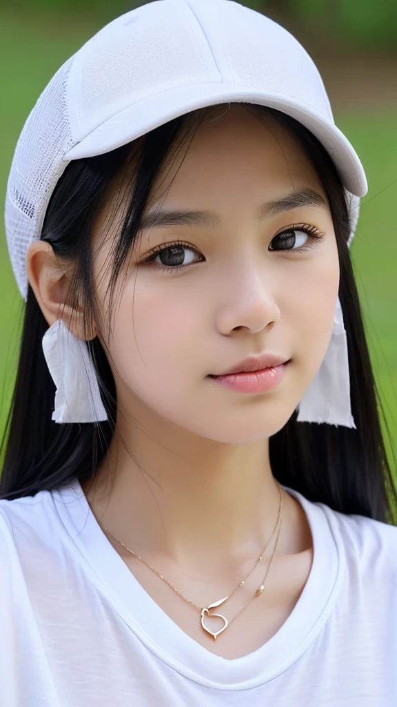 (Please generate an image of a young Filipina woman wearing a plain white t shirt a necklace and a white trucker cap. She has black hair, big black eyes, and a subtle, natural makeup look. The selfie should show her without visible makeup, and she should be looking directly into the camera. The face should appear realistically natural. The full-body shot of this attractive woman should feature a striking pose, and she has piercing black eyes. The girl has a sweet demeanor, and the pose should also be sweet. Please ensure that the entire body of the woman is visible in the image. The background should be black. The details of the image should be of high quality(best quality)), ((masterpiece)), (detailed), perfect face, Filipina, pinay
