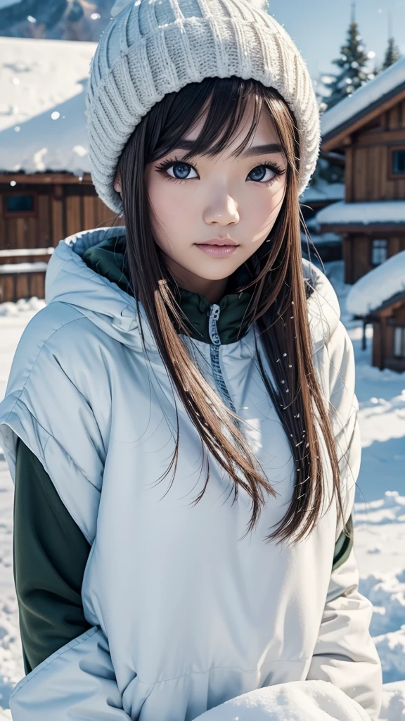_modelshoot style, banchan is happily building a snowman with olive eyes, single house background, snowy mountains background, snowing, (banchan green hair:0.8), (banchan yellow hair:0.7), (banchan ombre hair:0.4),  (focus on banchan: 0.8), Zoom Lens Shot, by studio ghibli, (((masterpiece))), (((best quality))), (extremely detailed CG unity 8k wallpaper)