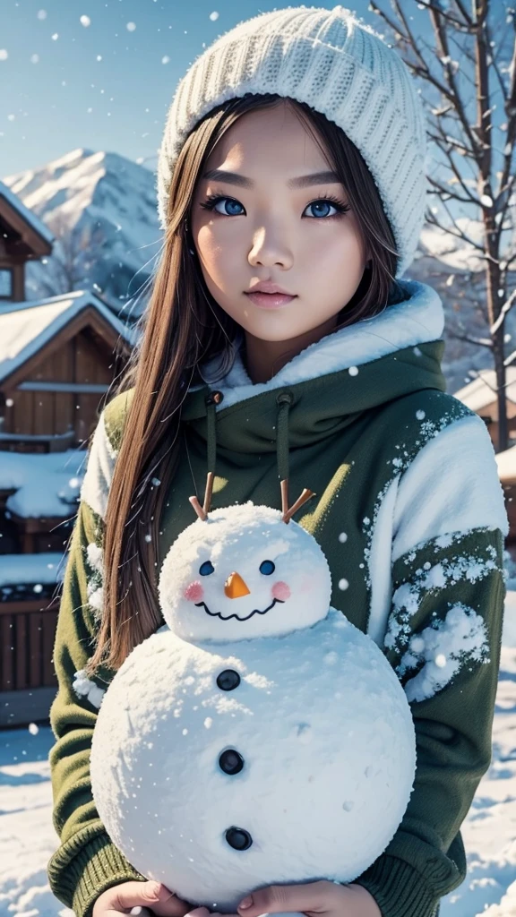 _modelshoot style, banchan is happily building a snowman with olive eyes, single house background, snowy mountains background, snowing, (banchan green hair:0.8), (banchan yellow hair:0.7), (banchan ombre hair:0.4), (focus on banchan: 0.8), Zoom Lens Shot, by studio ghibli, (((masterpiece))), (((best quality))), (extremely detailed CG unity 8k wallpaper)