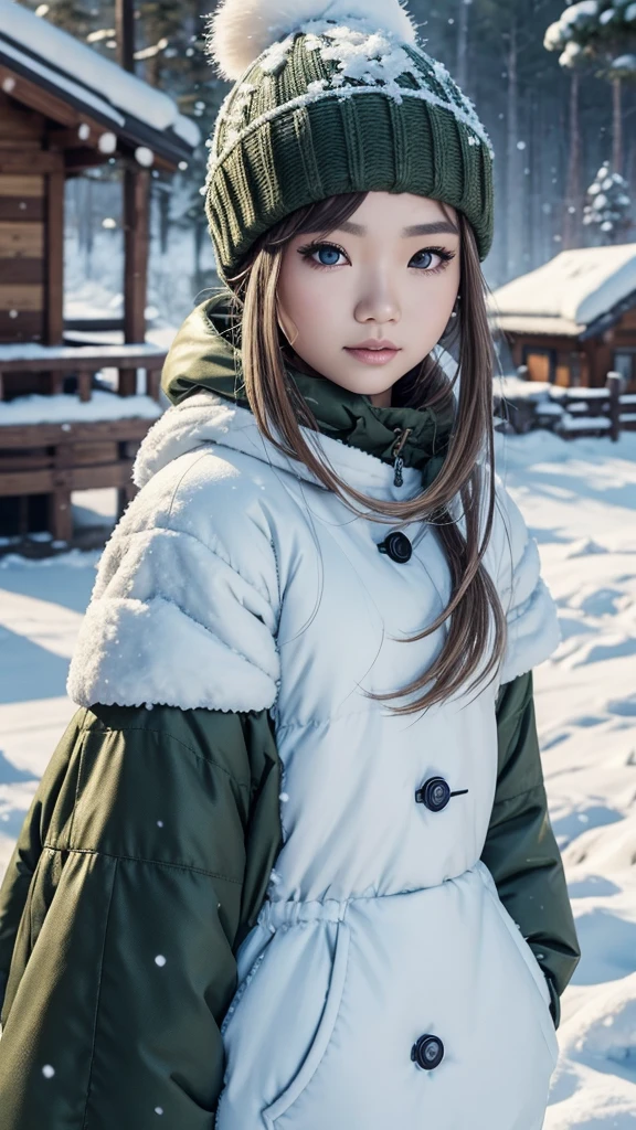 _modelshoot style, banchan is happily building a snowman with olive eyes, single house background, snowy mountains background, snowing, (banchan green hair:0.8), (banchan yellow hair:0.7), (banchan ombre hair:0.4),  (focus on banchan: 0.8), Zoom Lens Shot, by studio ghibli, (((masterpiece))), (((best quality))), (extremely detailed CG unity 8k wallpaper)