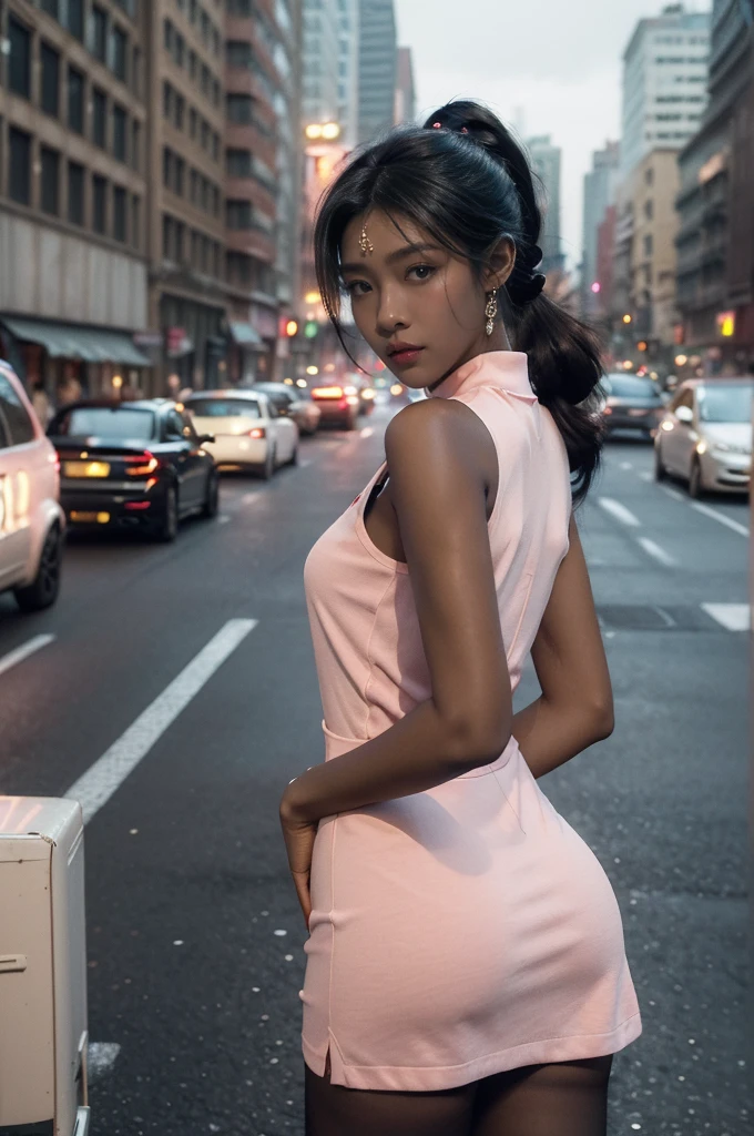 (((best quality))),(((ultra detailed))),(((masterpiece))),illustration,1girl,slim,vibrant rose-pink cotton dress,short ponytail,pantyhose,standing, bustling city streets, honking cars,surrounded by crowded crowds, colorful advertisements,enjoying sights and sounds,(dark black skin:1.5),day scene,upper body,from front,bare back,towering hips,butt crack
