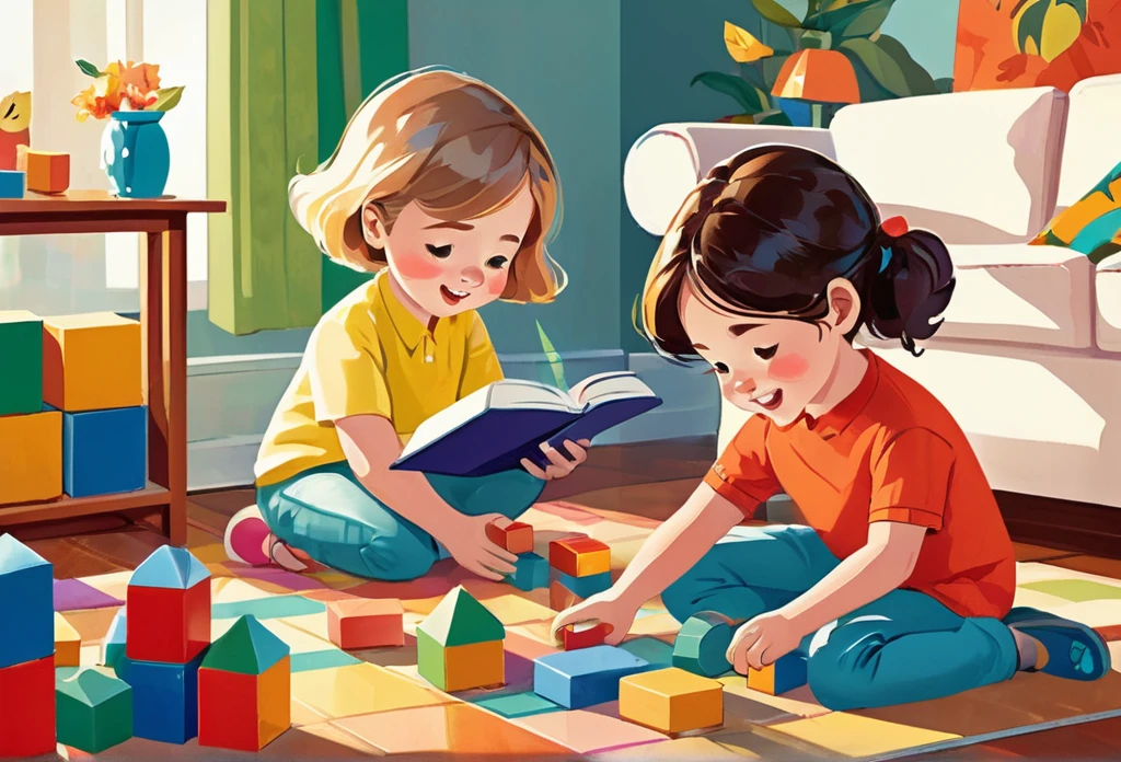 there are two children playing with blocks in a living room, kids book illustration, colorful kids book illustration, childrenbook illustration, illustration for children, children book illustration, children's illustration, game illustration, childrens illustration, children's book illustration, children’s book illustration, childrens book illustration, playing games, families playing, children illustration, in style of digital illustration