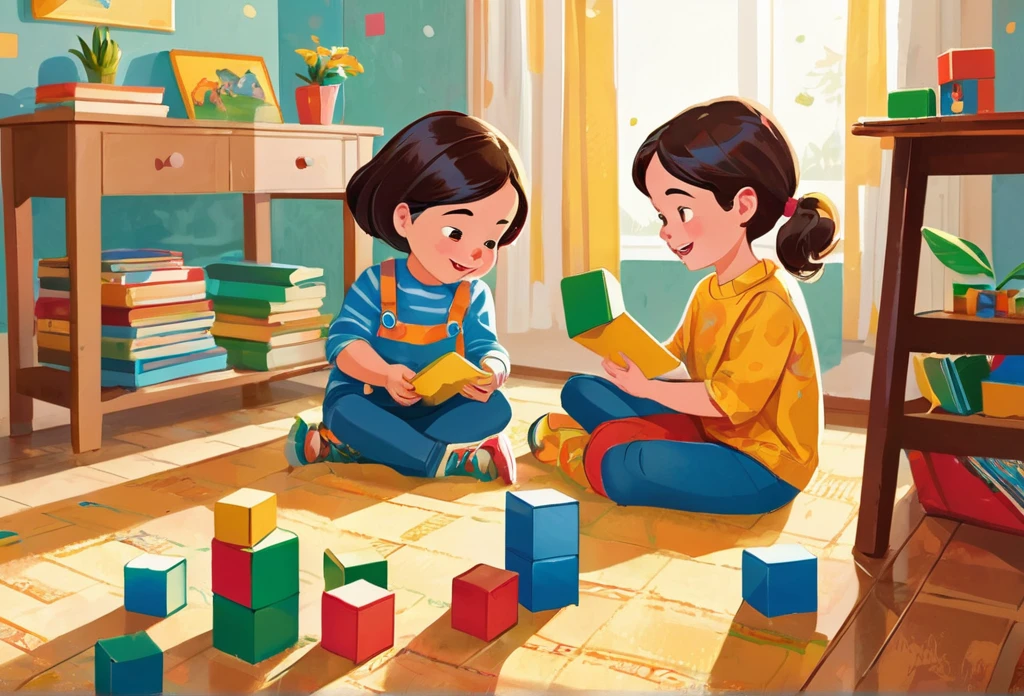 there are two children playing with blocks in a living room, kids book illustration, colorful kids book illustration, childrenbook illustration, illustration for children, children book illustration, children's illustration, game illustration, childrens illustration, children's book illustration, children’s book illustration, childrens book illustration, playing games, families playing, children illustration, in style of digital illustration