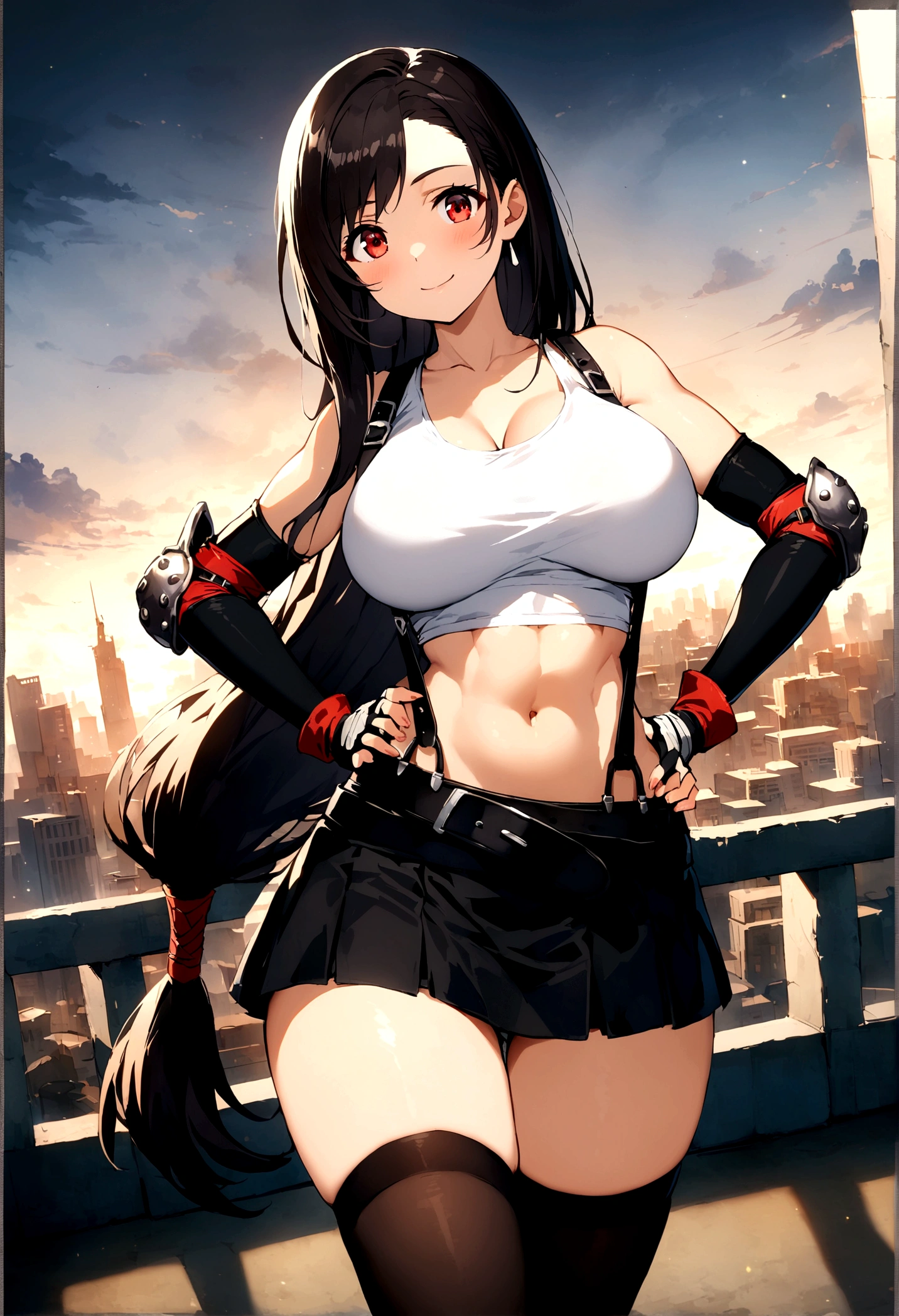 score_9, score_8_up, score_7_up,4k, ,BREAK , from front,thighs angle,standing,straight-on,hands on hips,,(medium shot),looking_at_viewer ,1girl, tifa lockhart, final fantasy, tareme,black hair, low-tied long hair, red eyes, bangs, white tank top, belt, pleated skirt, thighhighs, elbow fingerless gloves, elbow pads, midriff, navel,suspender skirt ,big_breasts,(light smile),Curvy waist ,Solo,,(midnight and beachside and city),Toned,,detailed skin,(best quality),(aesthetic,very aesthetic),(beautiful body),UHD,HDR,anime,highly detailed,sharp focus,depth of field,