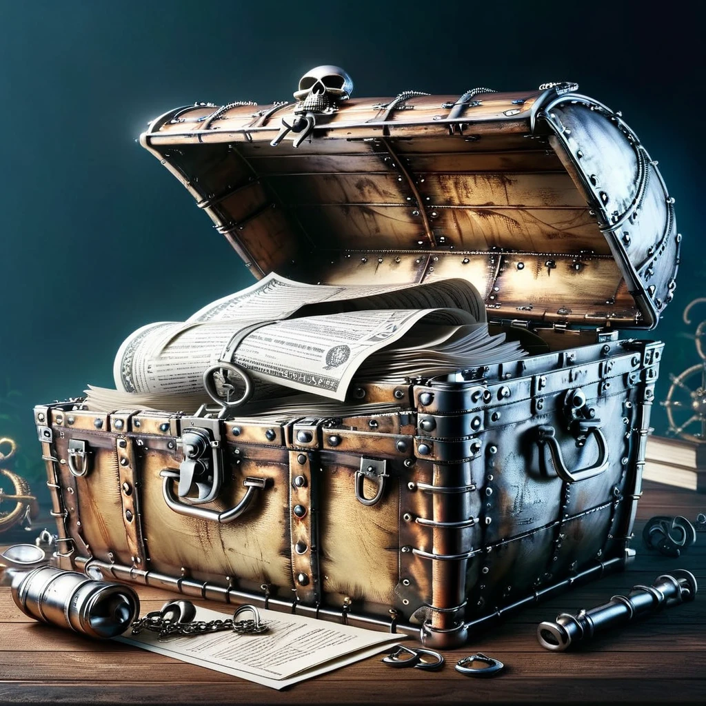 Pirate treasure chest filled with papers