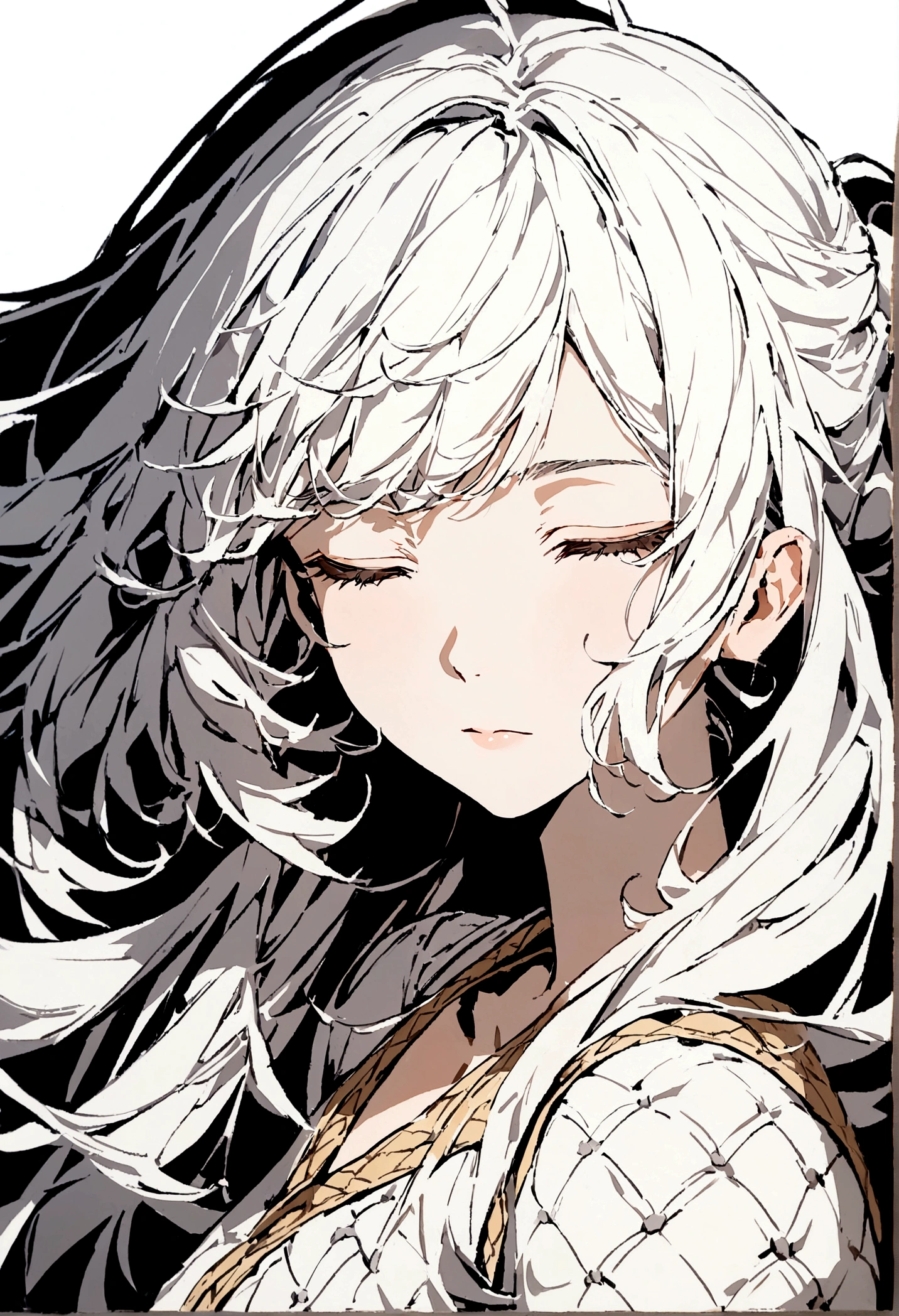 (White background:1.4),(Silhouette of a girl's head, Eyes closed, Long white hair,There are clay around her, Oriental elements),(Chinese illustration:1.3,paper art:1.3, Quilted paper art:1.2),( reasonable design, Clear lines, High sharpness,Best quality, Very detailed, Masterpiece, movie light effect, 4K )