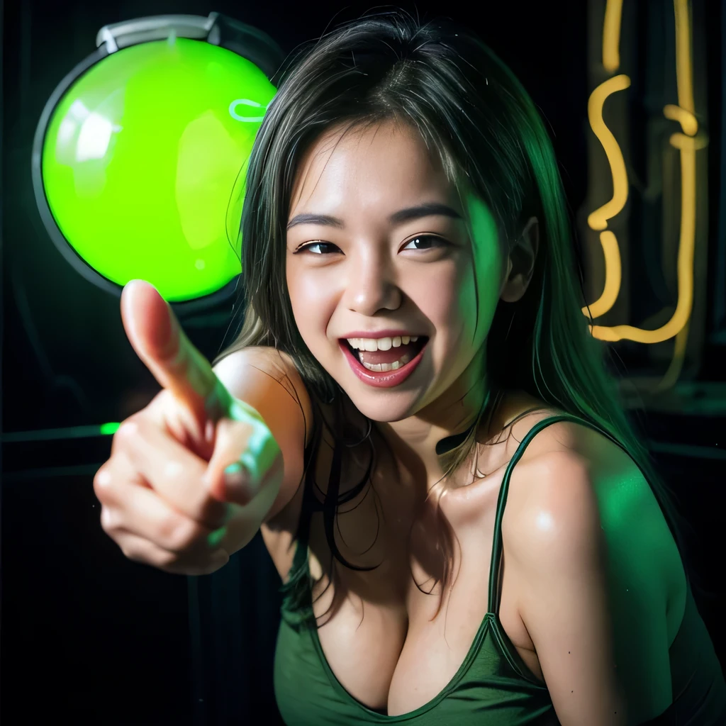 raw photo , 8K, ultra detailed, (realistic:1.2), (1girl), (laugh:1.5), (round face), (black camisole), (sexy:1.3), BREAK (light green neon ball:1.5), (pointing at viewer:1.3),(dark room:1.5)