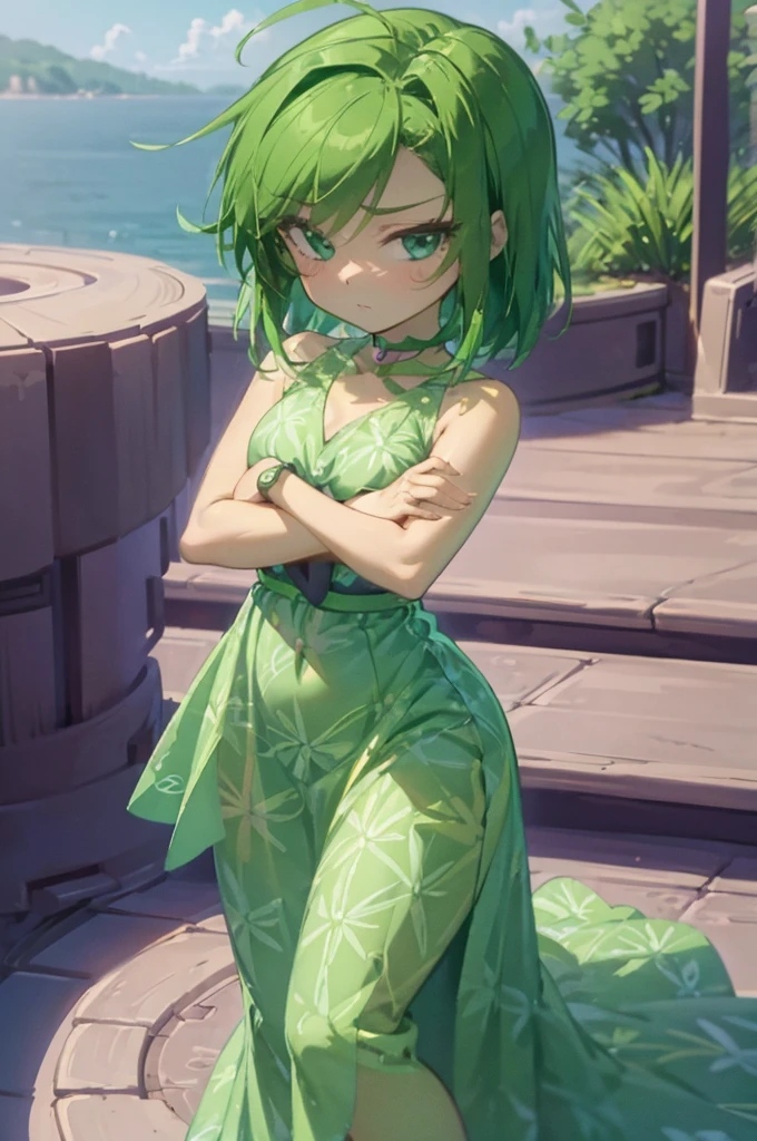 1girl, , UHD, retina, masterpiece, ccurate, anatomically correct, textured skin, super detail, high details, high quality, award winning, best quality, highres, HD, 4k,(anime,8k,masterpiece, Top quality, best quality,beautiful and aesthetic:1.2,professional illustrasion:1.1,ultra detail:1.3,Perfect lighting),extremely detailed,highest detailed,incredibly absurdres,highres,ultra detailed,intricate:1.6, cute pose, Create an image of the disliked character from the movie: intensely ,the left arm under his chest surrounding his abdomen and his right arm resting on his arm, sticking your hips out to the right side while standing with your curved pose, expression: una expression de desagrado marcada en su cara, outfit:A-line sleeveless dress, with flower print, green skin and short dark green hair, flat: chopped style: anime