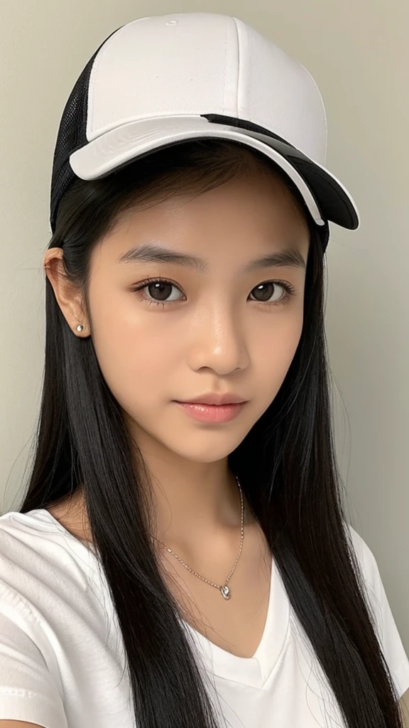 (Please generate an image of a young Filipina woman wearing a plain white t shirt a necklace and a white trucker cap. She has black hair, big black eyes, and a subtle, natural makeup look. The selfie should show her without visible makeup, and she should be looking directly into the camera. The face should appear realistically natural. The full-body shot of this attractive woman should feature a striking pose, and she has piercing black eyes. The girl has a sweet demeanor, and the pose should also be sweet. Please ensure that the entire body of the woman is visible in the image. The background should be black. The details of the image should be of high quality(best quality)), ((masterpiece)), (detailed), perfect face, Filipina, pinay