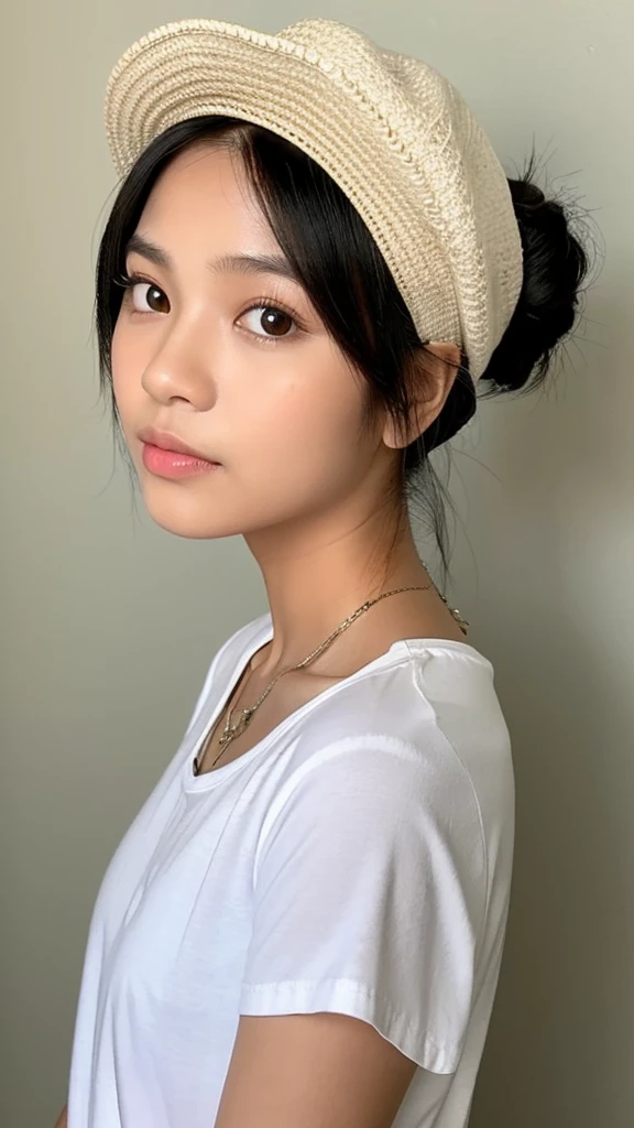 (Please generate an image of a young Filipina woman wearing a plain white t shirt a necklace and a white trucker cap. She has black hair, big black eyes, and a subtle, natural makeup look. The selfie should show her without visible makeup, and she should be looking directly into the camera. The face should appear realistically natural. The full-body shot of this attractive woman should feature a striking pose, and she has piercing black eyes. The girl has a sweet demeanor, and the pose should also be sweet. Please ensure that the entire body of the woman is visible in the image. The background should be black. The details of the image should be of high quality(best quality)), ((masterpiece)), (detailed), perfect face, Filipina, pinay